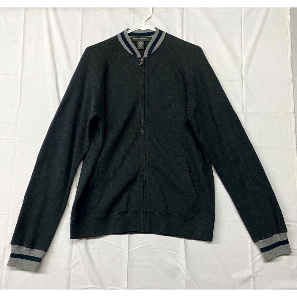 Banana Republic Sweater Mens Medium Black Cotton Knit Raglan Sleeves Full Zip